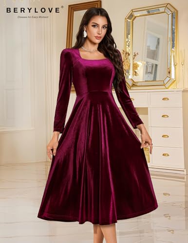 BeryLove Women Velvet Dress Cocktail Party Evening Dresses Long Sleeve Wedding Guest Formal Dresses