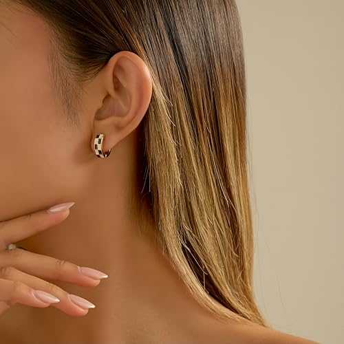 Checker Cartilage Hoops Teacher Earrings for Women White Black Enamel Gold