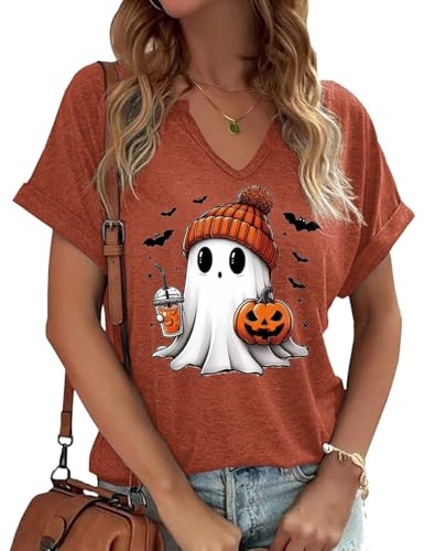 Earlymemb Women Fall Halloween Doodles V Neck Shirt Thanksgiving Casual Tee