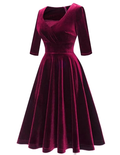 Bbonlinedress Womens Velvet Long Sleeve Formal Wedding Guest Vintage Cocktail Holiday Party Midi Dress