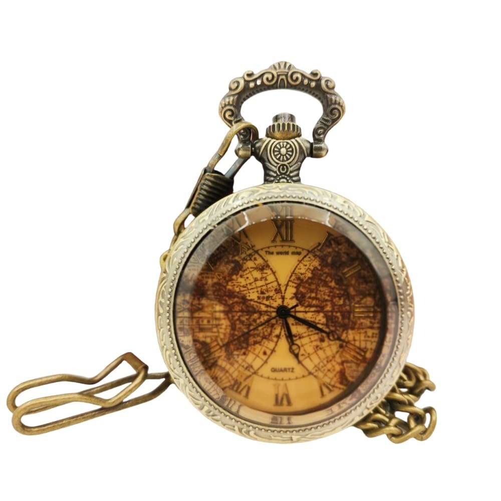 Tea Colored Glass Double Earth Pattern Pocket Watch, Unisex Casual Qua