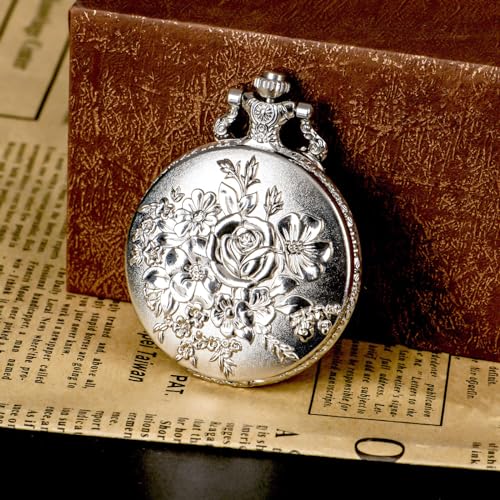 Retro Flower Openwork Cover Quartz Pocket Watch with Chain Half Hunter