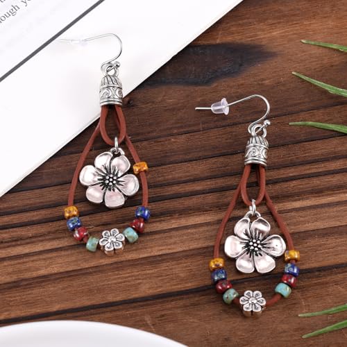 Western Leather Flower Dangle Earrings with Natural Stones
