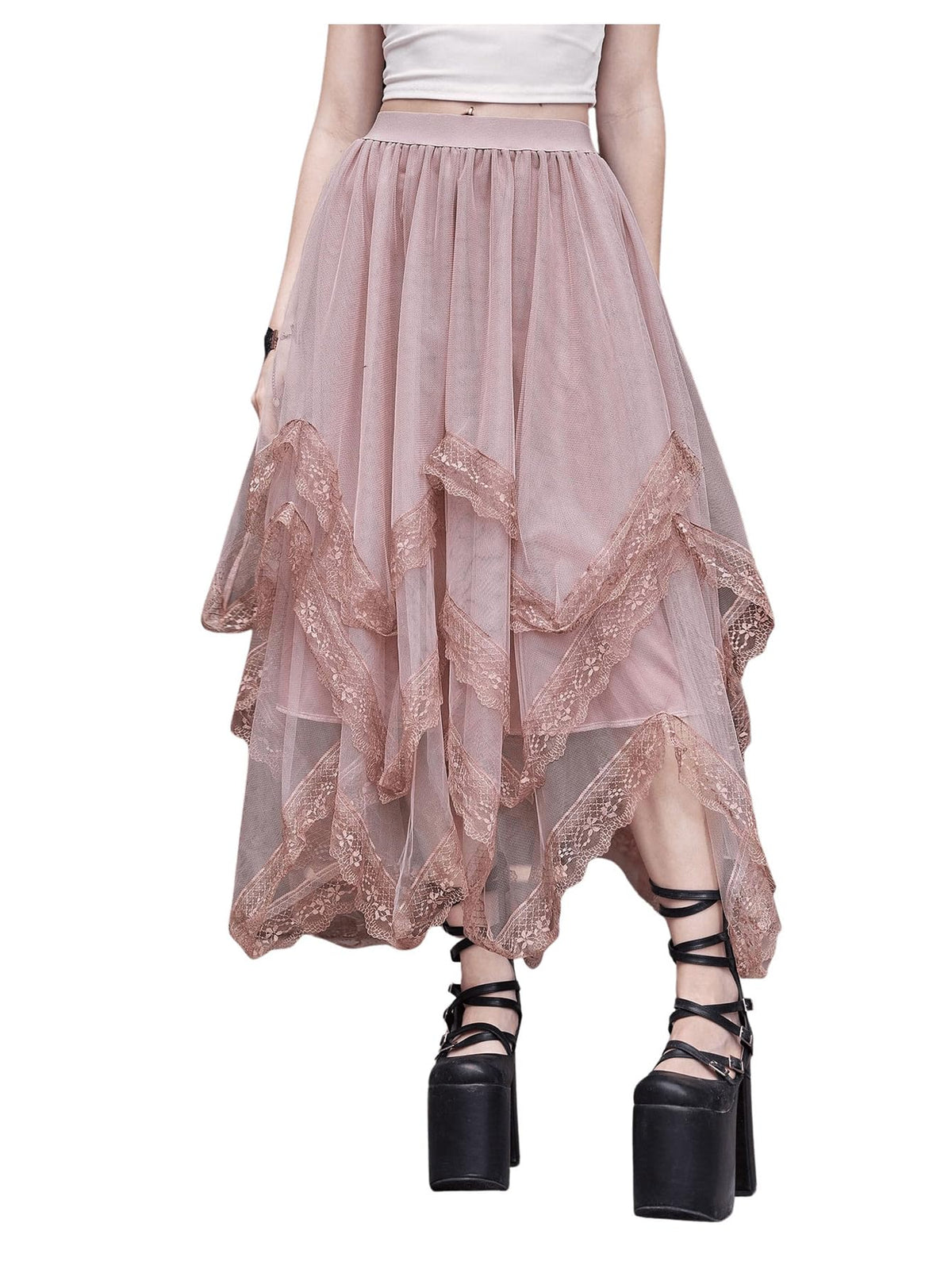 SHENHE Women's Lace Trim Layered Mesh Tulle Skirt Asymmetrical Goth Skirt