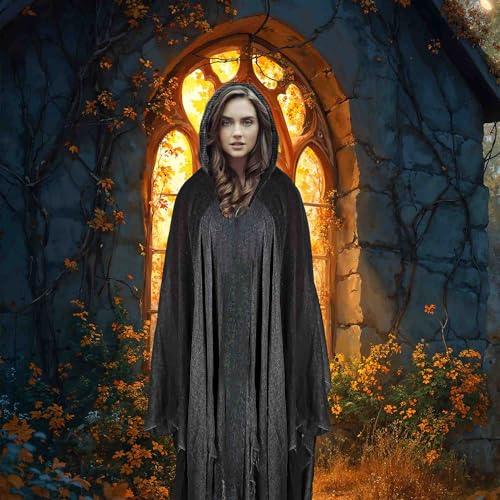 Halloween Hooded Cloak Medieval Renaissance Cloak Wizard Robe with Hooded for Adult Linen Hooded Cloak