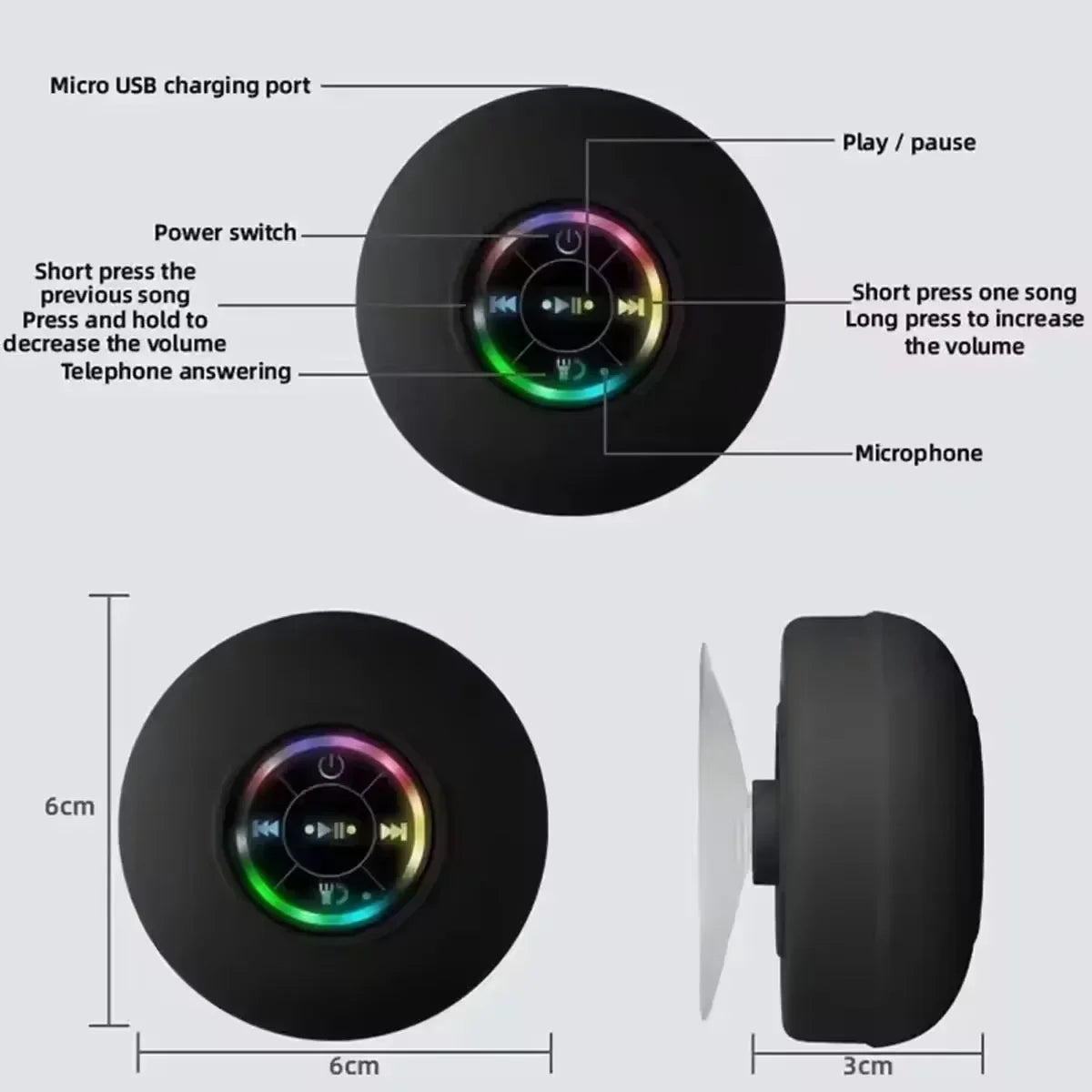 Waterproof Bluetooth Shower Speaker with RGB Light
