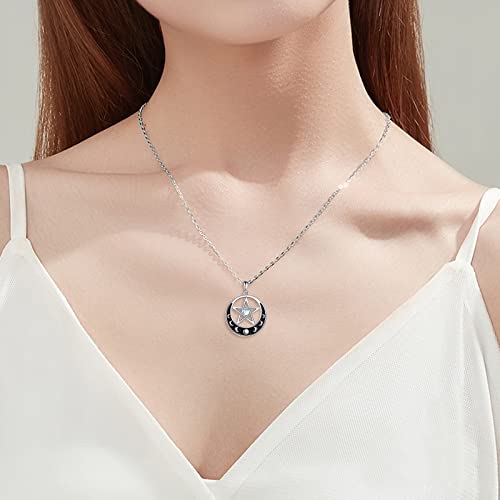 Sterling Silver Pentagram Necklace with Birthstone Triple Moon