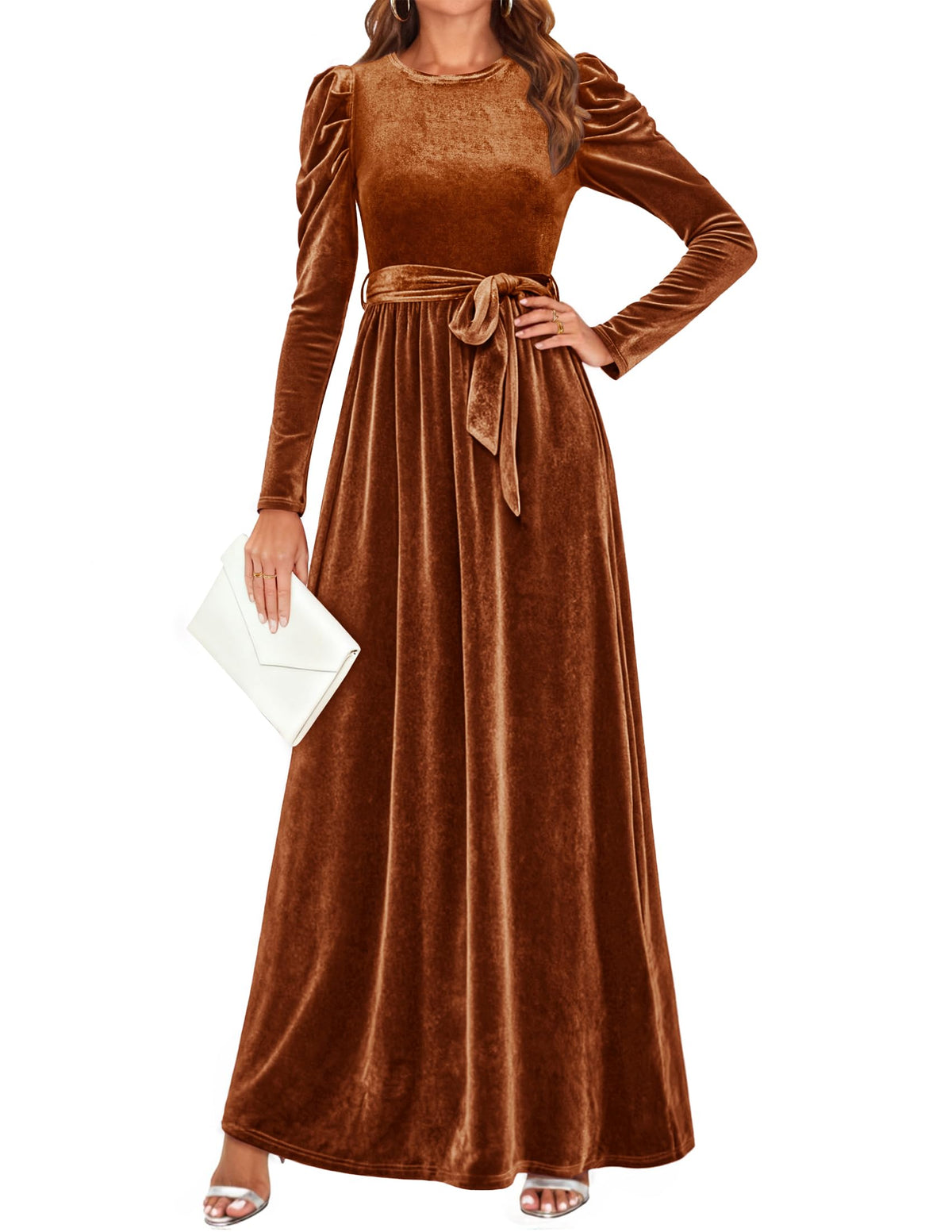 ZESICA Womens Winter Velvet Long Puff Sleeve Maxi Dress