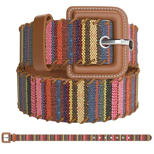 Womens Casual Belts - Multicolor Woven Belt & Brown Vegan Leather Belt Main image