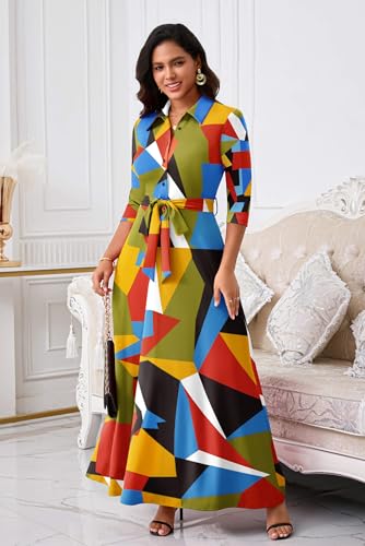 Runwind Womens Maxi Dress 3/4 Sleeve Button Down Church Dress with Pockets