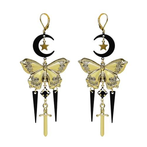 Whimsy Goth Moon & Star Butterfly Drop Earrings Whimsical Jewelry