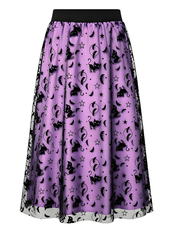 Women's Halloween Tulle Midi Skirt, Flocked Print Witch Costume Skirt