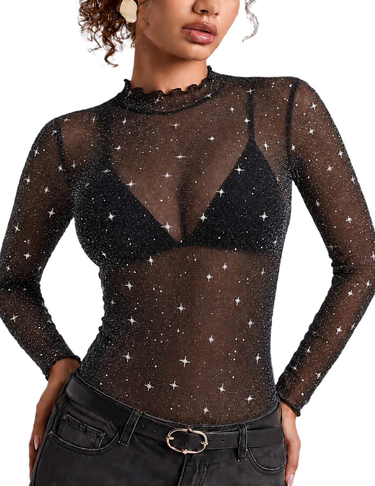 Women's Sheer Mesh Top, Mock Neck Long Sleeve Sparkly Going Out Shirt S-XXL