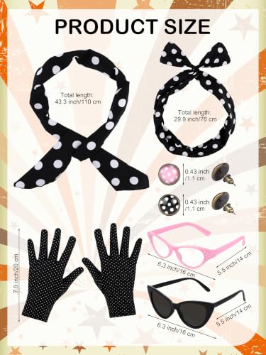 AOTHSO 1950s Pink Satin Jacket with Polka Dot Scarf Headband Earrings Glasses Halloween Cosplay Costume for Women, 8 Pieces