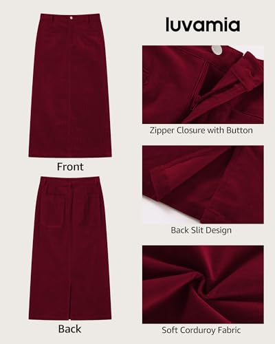 luvamia Corduroy Skirts for Women Midi Length High Waisted Trendy Fall Elastic Waist Casual Stretchy Welt Pockets Skirt