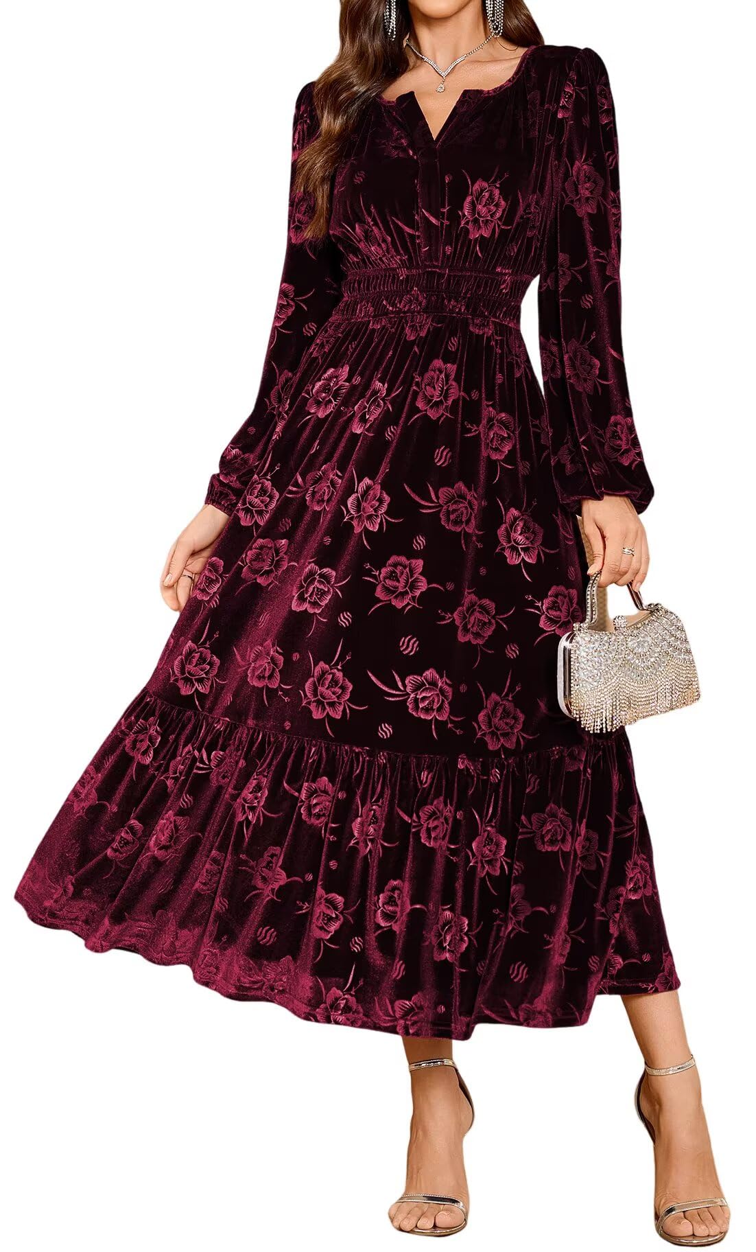 ZAFUL Womens Velvet Dress Long Sleeve Maxi Dresses Floral Smocked Waist