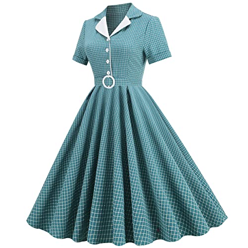 Women 1950s Vintage Short Sleeve Peter Pan Collar Retro Swing A Line Midi Summer Dress Cocktail Party Evening Prom Gown