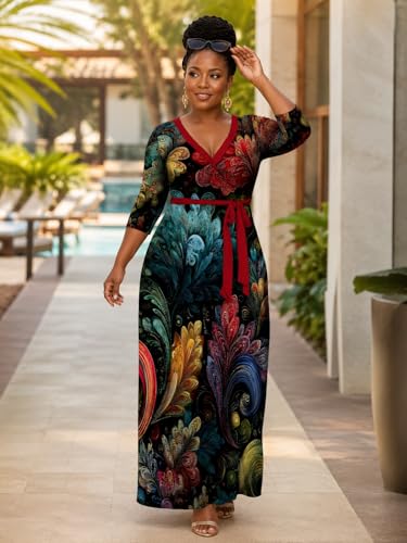PinkPatty Women's Plus Size V Neck 3/4 Sleeve Boho Maxi Dress with Pockets