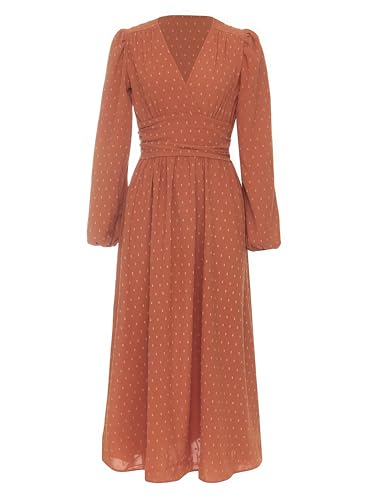 Mettclasi Women's Spring Fall Swiss Dot V-Neck Midi Dress Casual Puff Long Lantern Sleeve A-Line Flowy Wedding Guest Dress