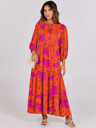ANRABESS Womens Boho Floral 3/4 Puff Sleeve Maxi Dress