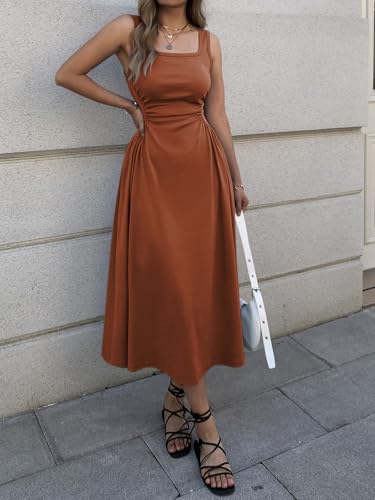 Mieazom Women's Square Neck Sleeveless Slim-Fit Maxi Dress Ruched Waist Corset Flowy Casual Summer Dresses with Pockets