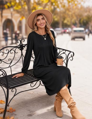 Zeagoo Fall Dresses for Women Long Sleeve Midi Dress Casual A Line Dresses 2026 Pleated Flare Dress with Pockets
