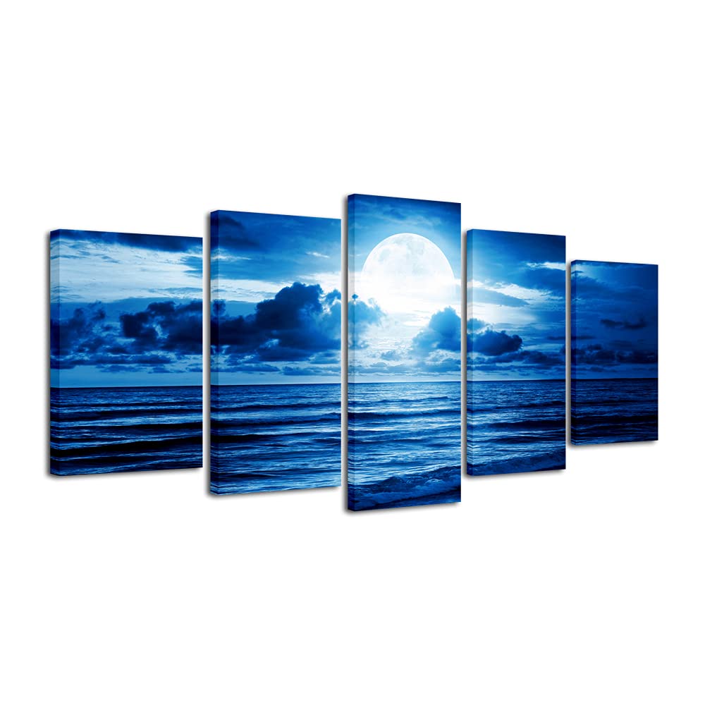 Blue Clouds 5-Piece Canvas Wall Art — Moon Sea Beach Landscape (Modern Art Deco)