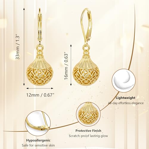 Women's Filigree Gold Silver Earrings with Hypoallergenic Leverback Texture