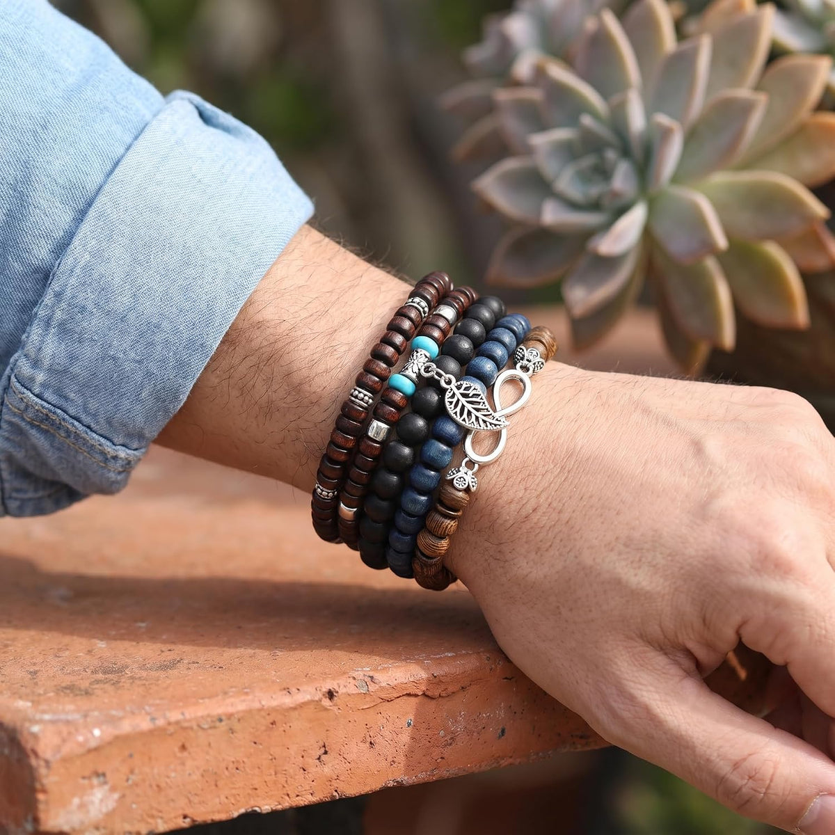 SONNYX 43Pcs Punk Wooden Beads Bracelets Gothic Bracelet for Men