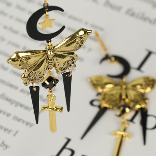 Whimsy Goth Moon & Star Butterfly Drop Earrings Whimsical Jewelry