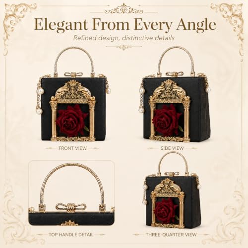 Floral Rose-Embossed Baroque Evening Clutch — Black & Gold with Pearl Chain