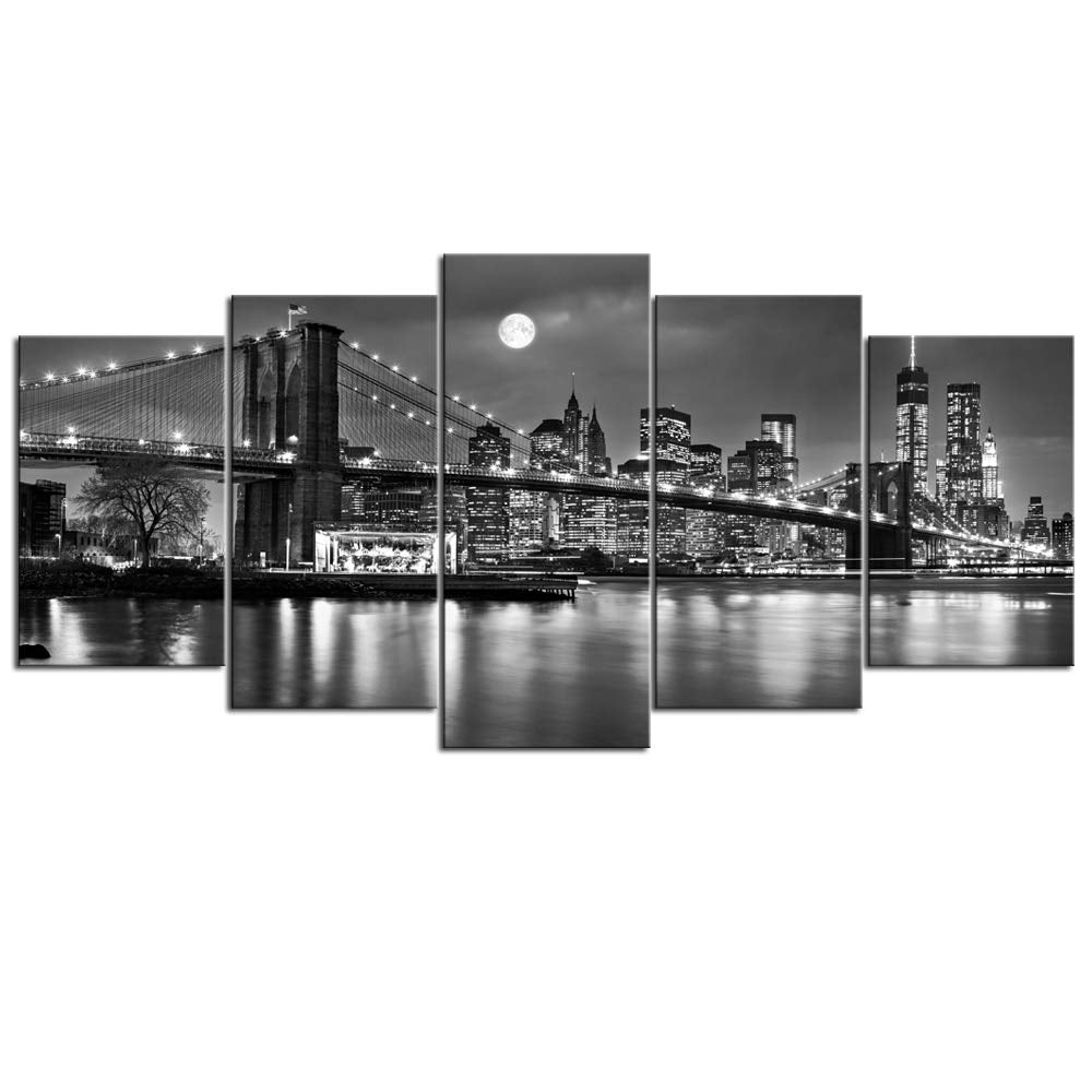 5-Piece Brooklyn Bridge Full Moon Canvas Wall Art