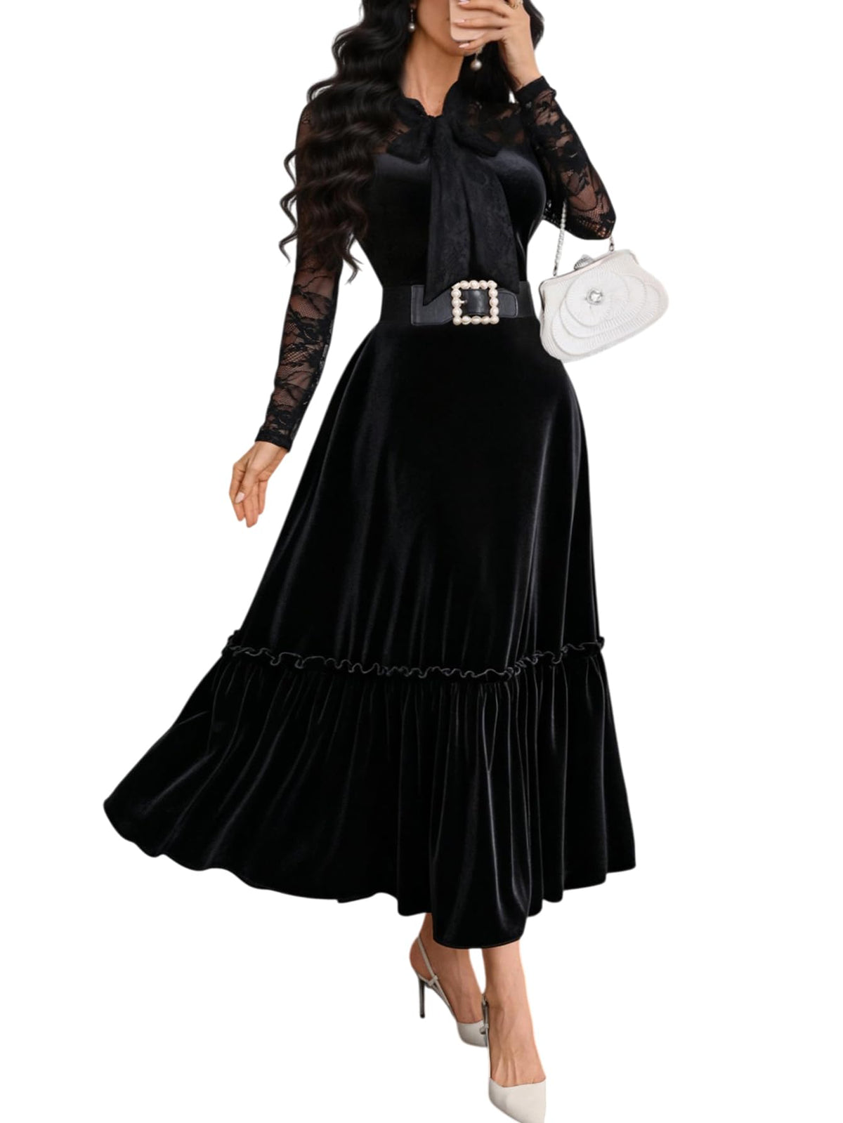 GothDark Women's Velvet Dress Lace Long Sleeve Tie Neck Formal Party Outfit