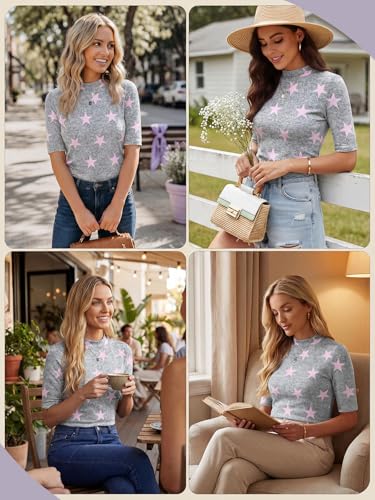 PrinStory Womens Tops Mock Neck Short Sleeve T Shirts Dressy Casual Ribbed Knit Slim Fit Summer Business Going Out Tops 2026