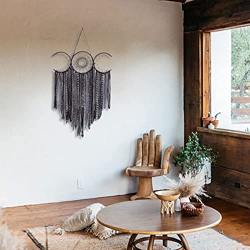 Black Triple Moon Goddess Dream Catcher Macrame Wall Hanging, Pagan Decor