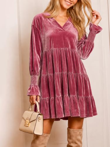 Fisoew Womens Velvet Tunic Dress Long Puff Sleeve Tiered Ruffle Dresses