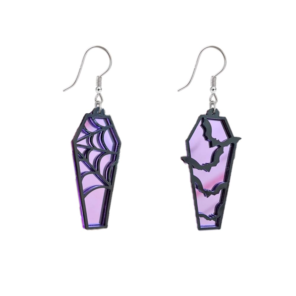 Halloween Coffin Mirror Asymmetric Hook Hoop Earrings Acrylic Bat Spider Web Horror Casket Dangle Drop Earring Punk Jewelry Gifts for Women Bff