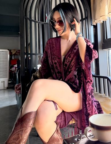 Women's Burnout Velvet Kimono Long Cardigan Cover Up With Tassel