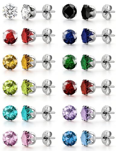 12 Pairs Silver Earrings Surgical Steel Earrings Women's Earrings Hypoallergenic Earrings Set Men's Earrings 12 Colors CubicZirconia Studs Earrings Main image