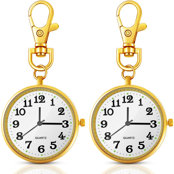 2 Pieces Quartz Pocket Watch with Key Buckle Round Keychain Clip on Wa