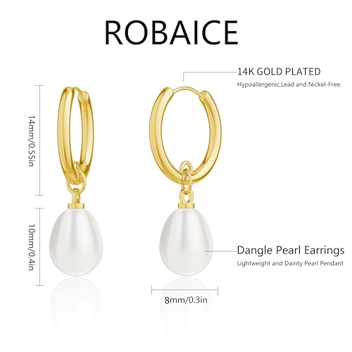 Robaice Pearl Earrings for Women, 14K Gold Plated Dangle Drop Earrings
