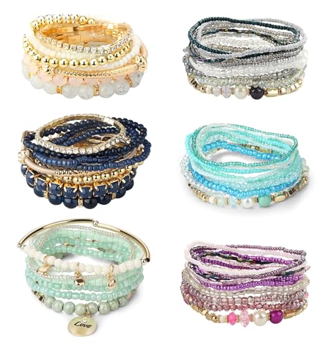 6 Sets Bohemian Stackable Bead Bracelets for Women Stretch Bohemian Style Stretch Multilayered Boho Bracelet Set