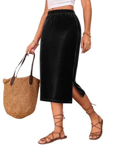 Velvet Midi Skirt for Women High Waist Straight Skirt with Side Slit