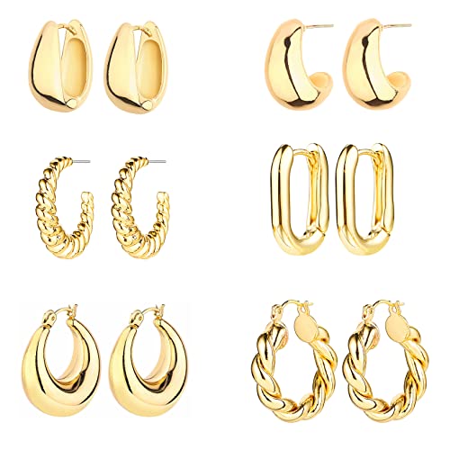 6 Pairs 14K Gold Plated Hoop Earrings for Women Lightweight Chunky Hoop Earrings Multipack Hypoallergenic, Thick Open Twisted Huggie Hoops Earring