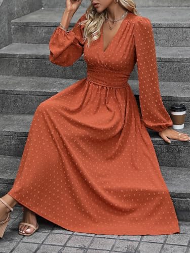 Mettclasi Women's Spring Fall Swiss Dot V-Neck Midi Dress Casual Puff Long Lantern Sleeve A-Line Flowy Wedding Guest Dress