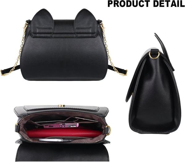 Women's Moon PU Leather Gothic Crossbody Cat Handbag — Black Shoulder Bag