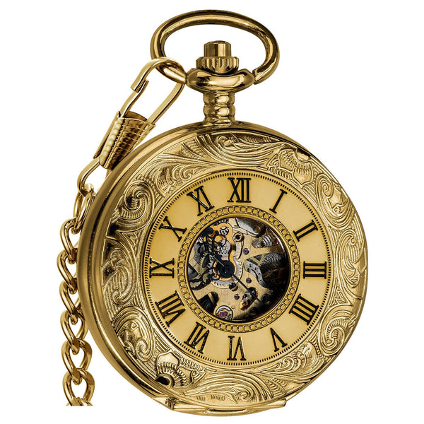 Mechanical Skeleton Pocket Watch with Chain