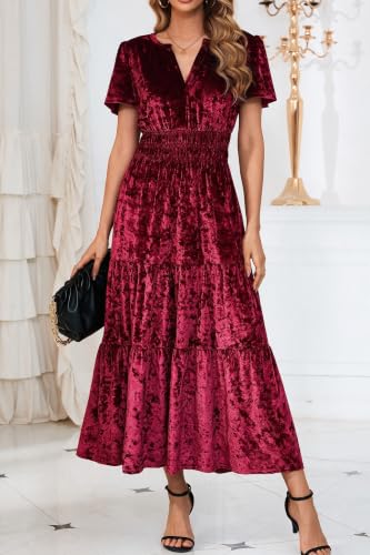 R.Vivimos Womens Fall Winter Velvet Elastic Waist Maxi Dress