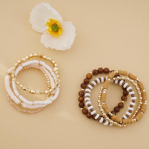 Surfer Heishi Clay Bead Bracelets for Women Bohemian Stackable Gold Plated Beaded Stretch Bracelets Elastic Layering Friendship Bracelets Set Boho Jewelry