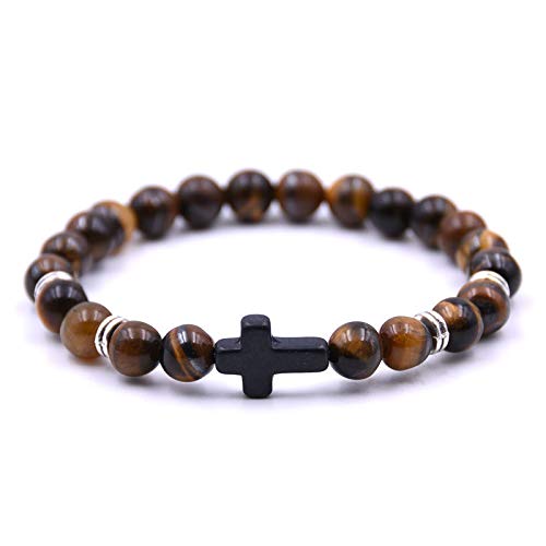 Softones 4PCS Cross Beads Bracelet for Men Women 8mm Healing Lava Stone Stretch Bracelets,7.5"